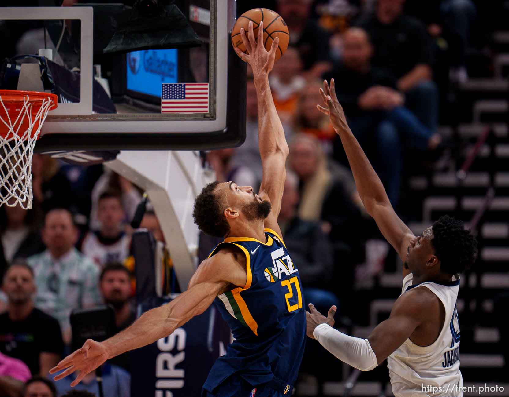 (Trent Nelson  |  The Salt Lake Tribune) Utah Jazz center Rudy Gobert (27) blocks a shot by Memphis Grizzlies forward Jaren Jackson Jr. (13) as the Utah Jazz host the Memphis Grizzlies, NBA basketball in Salt Lake City on Tuesday, April 5, 2022.