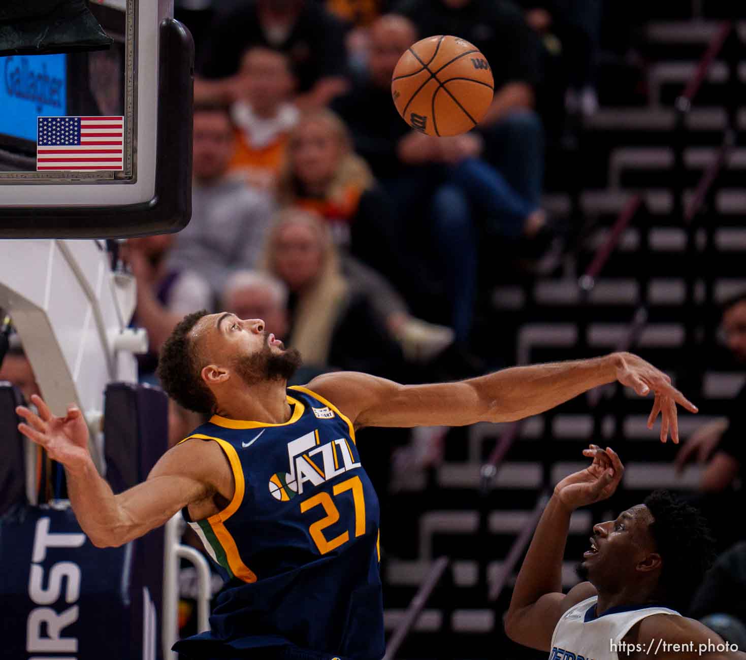 (Trent Nelson  |  The Salt Lake Tribune) Utah Jazz center Rudy Gobert (27) blocks a shot by Memphis Grizzlies forward Jaren Jackson Jr. (13) as the Utah Jazz host the Memphis Grizzlies, NBA basketball in Salt Lake City on Tuesday, April 5, 2022.