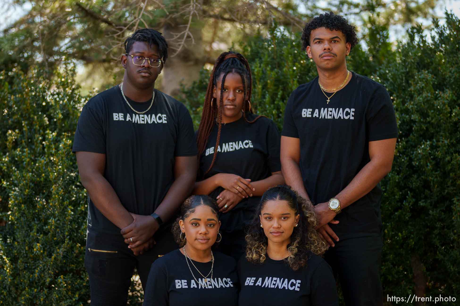 (Trent Nelson  |  The Salt Lake Tribune) The Black Menaces have been filming TikTok videos addressing racism, at BYU in Provo, on Friday, April 8, 2022. From left are Nate Byrd, Rachel Weaver, Kennethia Dorsey, Kylee Shepherd, and Sebastian Stewart-Johnson.