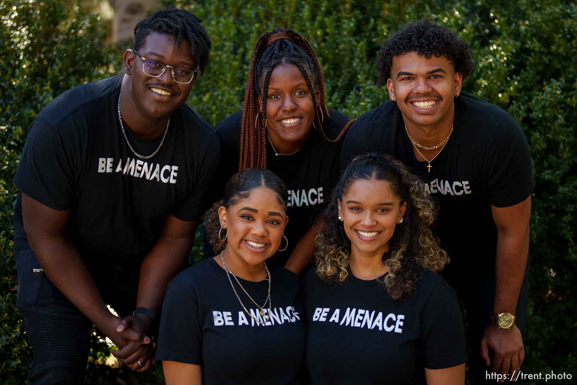 (Trent Nelson  |  The Salt Lake Tribune) The Black Menaces have been filming TikTok videos addressing racism, at BYU in Provo, on Friday, April 8, 2022. From left are Nate Byrd, Rachel Weaver, Kennethia Dorsey, Kylee Shepherd, and Sebastian Stewart-Johnson.