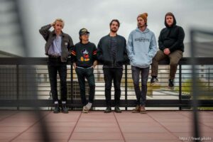 (Trent Nelson  |  The Salt Lake Tribune) Indie rock band Sunsleeper in Salt Lake City on Monday, April 11, 2022. From left are Jeff Mudgett, Jacob Lara, Matt Mascarenas, Cody Capener, and Scott Schilling.