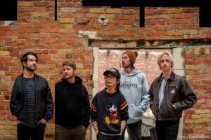 (Trent Nelson  |  The Salt Lake Tribune) Indie rock band Sunsleeper in Salt Lake City on Monday, April 11, 2022. From left are Matt Mascarenas, Scott Schilling, Jacob Lara, Cody Capener, and Jeff Mudgett.