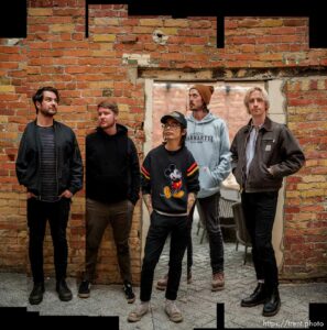 (Trent Nelson  |  The Salt Lake Tribune) Indie rock band Sunsleeper in Salt Lake City on Monday, April 11, 2022. From left are Matt Mascarenas, Scott Schilling, Jacob Lara, Cody Capener, and Jeff Mudgett.