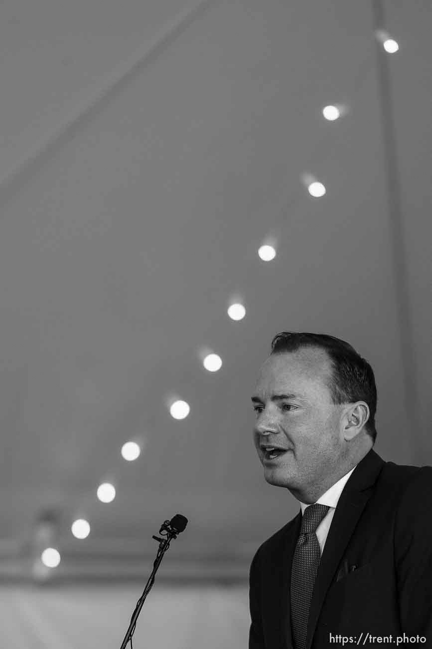 (Trent Nelson  |  The Salt Lake Tribune) Sen. Mike Lee at the ribbon cutting ceremony for Thermo Fisher Scientific's Ogden facility on Wednesday, April 20, 2022.