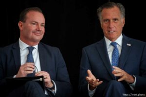 (Trent Nelson  |  The Salt Lake Tribune) Senators Mike Lee and Mitt Romney at the ribbon cutting ceremony for Thermo Fisher Scientific's Ogden facility on Wednesday, April 20, 2022.