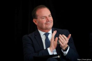 (Trent Nelson  |  The Salt Lake Tribune) Sen. Mike Lee at the ribbon cutting ceremony for Thermo Fisher Scientific's Ogden facility on Wednesday, April 20, 2022.