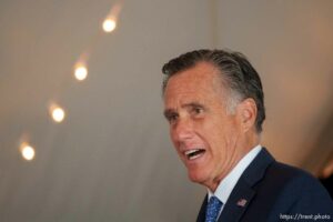 (Trent Nelson  |  The Salt Lake Tribune) Sen. Mitt Romney at the ribbon cutting ceremony for Thermo Fisher Scientific's Ogden facility on Wednesday, April 20, 2022.