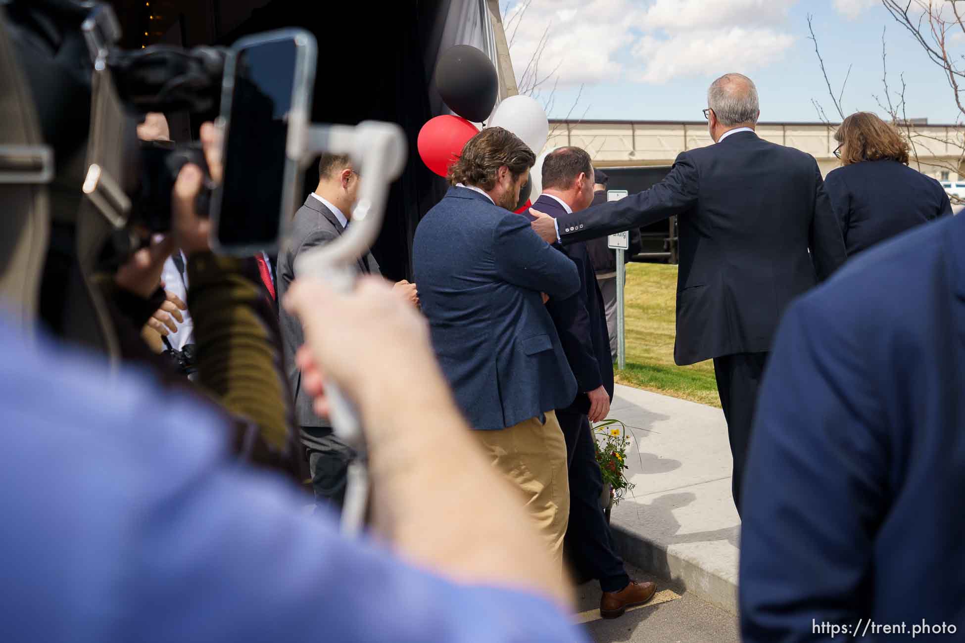 (Trent Nelson  |  The Salt Lake Tribune) Sen. Mike Lee leaves a ribbon cutting ceremony for Thermo Fisher Scientific's Ogden facility without answering any questions by media on Wednesday, April 20, 2022.