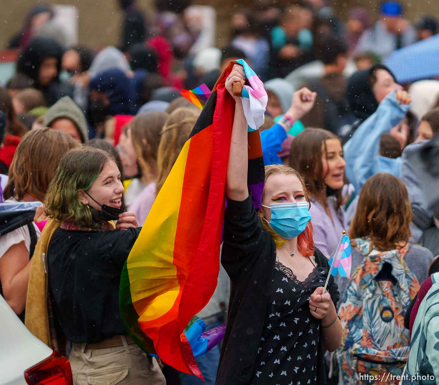 (Trent Nelson  |  The Salt Lake Tribune) Clayton Middle School students protesting HB 11, which bans transgender students from competing in sports, in Salt Lake City on Friday, April 22, 2022.