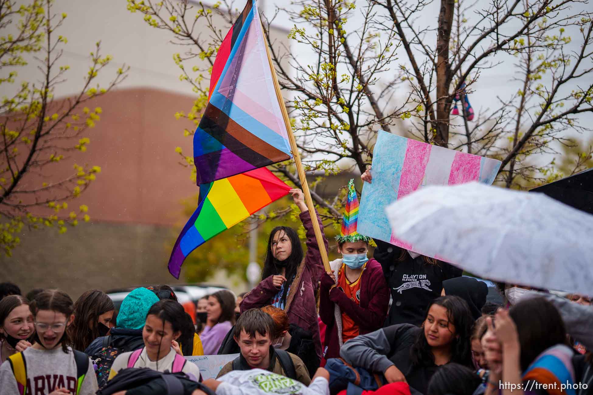 (Trent Nelson  |  The Salt Lake Tribune) Clayton Middle School students protesting HB 11, which bans transgender students from competing in sports, in Salt Lake City on Friday, April 22, 2022.