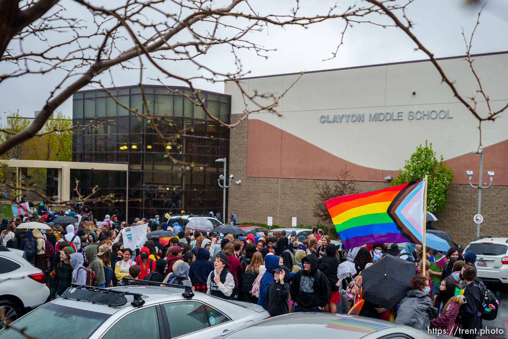 (Trent Nelson  |  The Salt Lake Tribune) Clayton Middle School students protesting HB 11, which bans transgender students from competing in sports, in Salt Lake City on Friday, April 22, 2022.