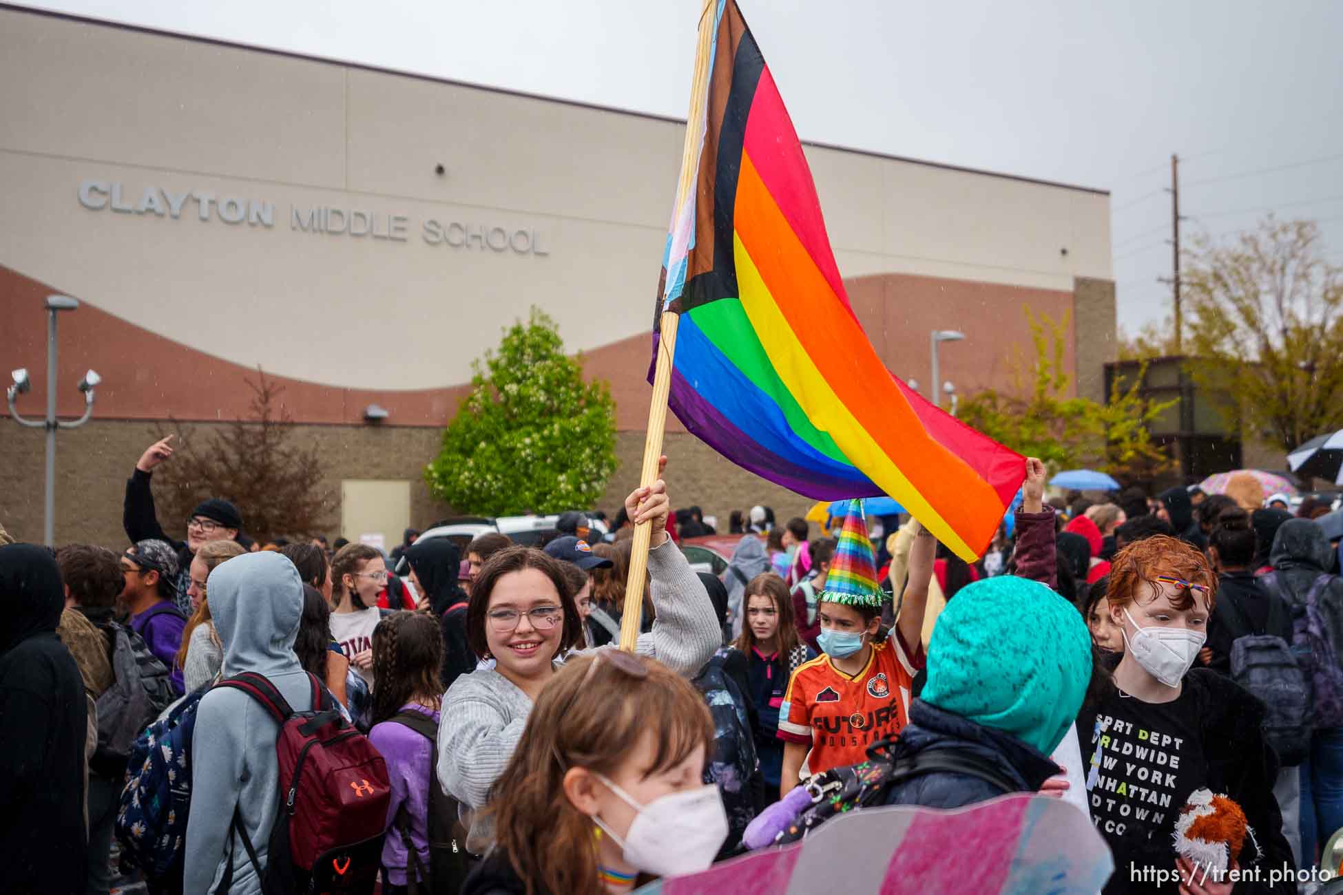 (Trent Nelson  |  The Salt Lake Tribune) Clayton Middle School students protesting HB 11, which bans transgender students from competing in sports, in Salt Lake City on Friday, April 22, 2022.