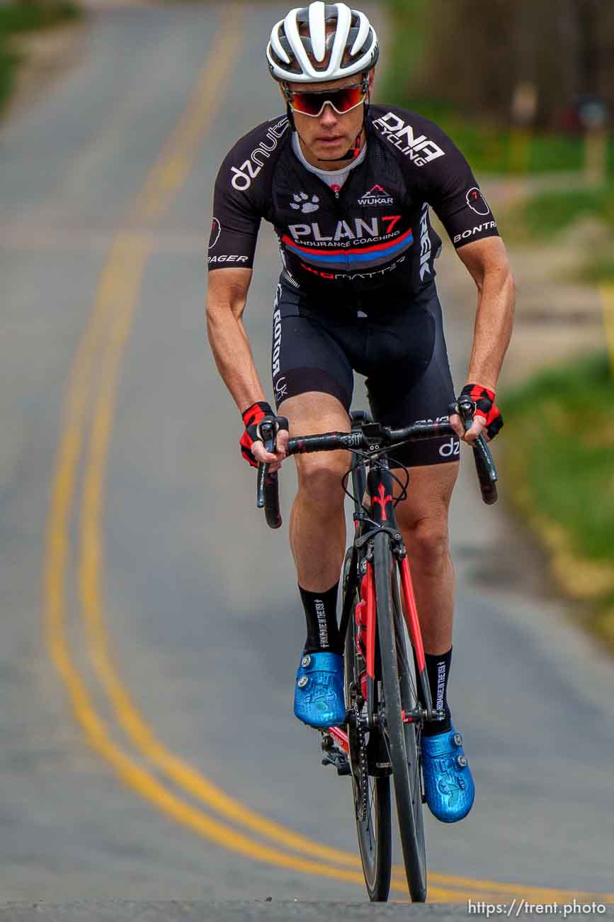 (Trent Nelson  |  The Salt Lake Tribune) Triathlete Kyle Brown rides in Farmington on Tuesday, April 26, 2022.