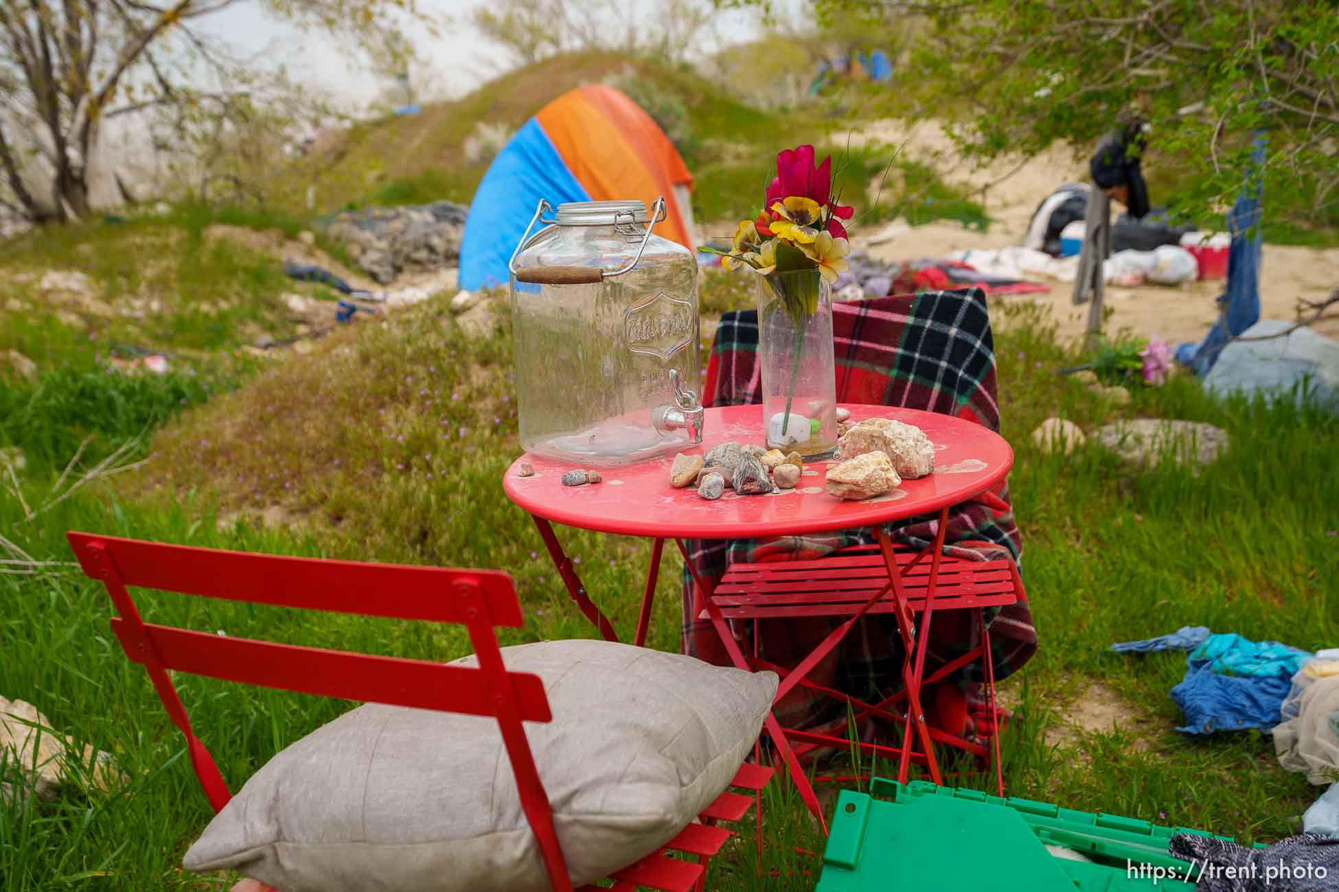 (Trent Nelson  |  The Salt Lake Tribune) A table setting at a camp east of Victory Road in the foothills north of Salt Lake City on Wednesday, April 27, 2022.