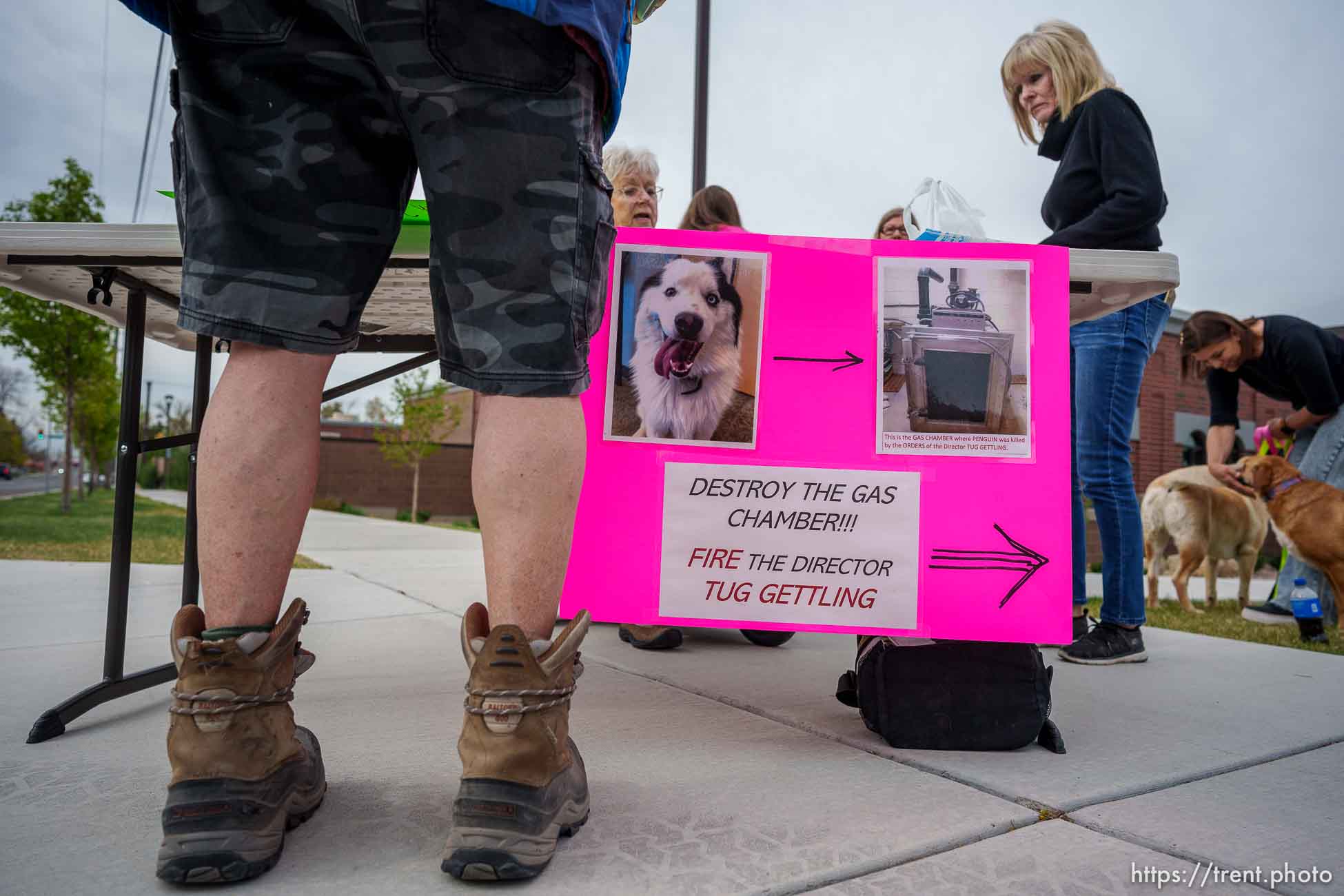 (Trent Nelson  |  The Salt Lake Tribune) Protesters at the Pleasant Grove Police Department, upset that North Utah Valley Animal Services continues to use a gas chamber to euthanize animals, on Thursday, April 28, 2022.