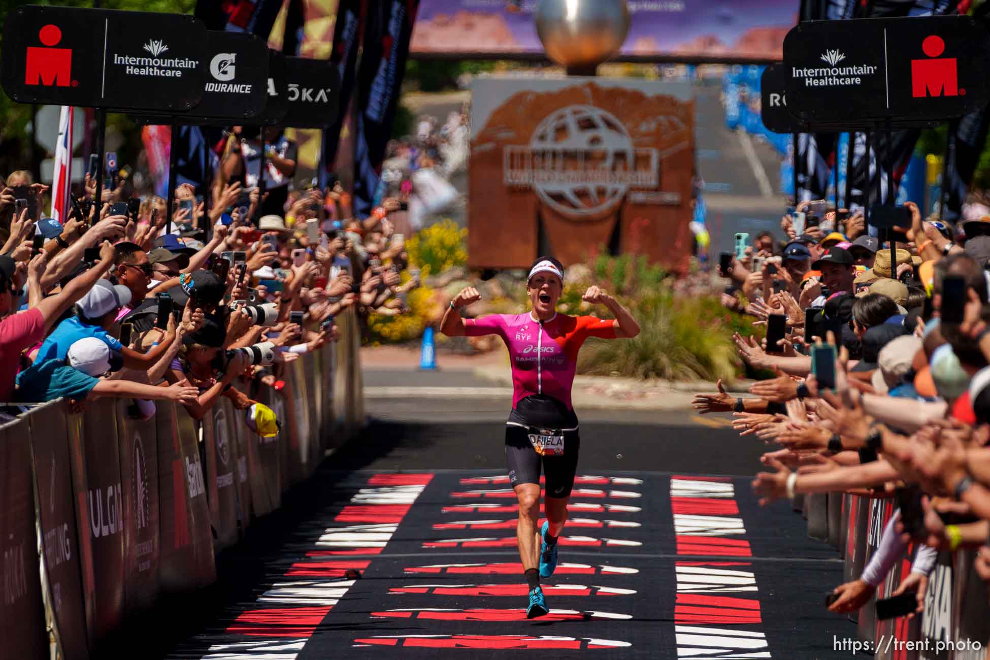 (Trent Nelson  |  The Salt Lake Tribune) Daniela Ryf runs to the finish line to win the Ironman World Championship triathlon in St. George on Saturday, May 7, 2022.