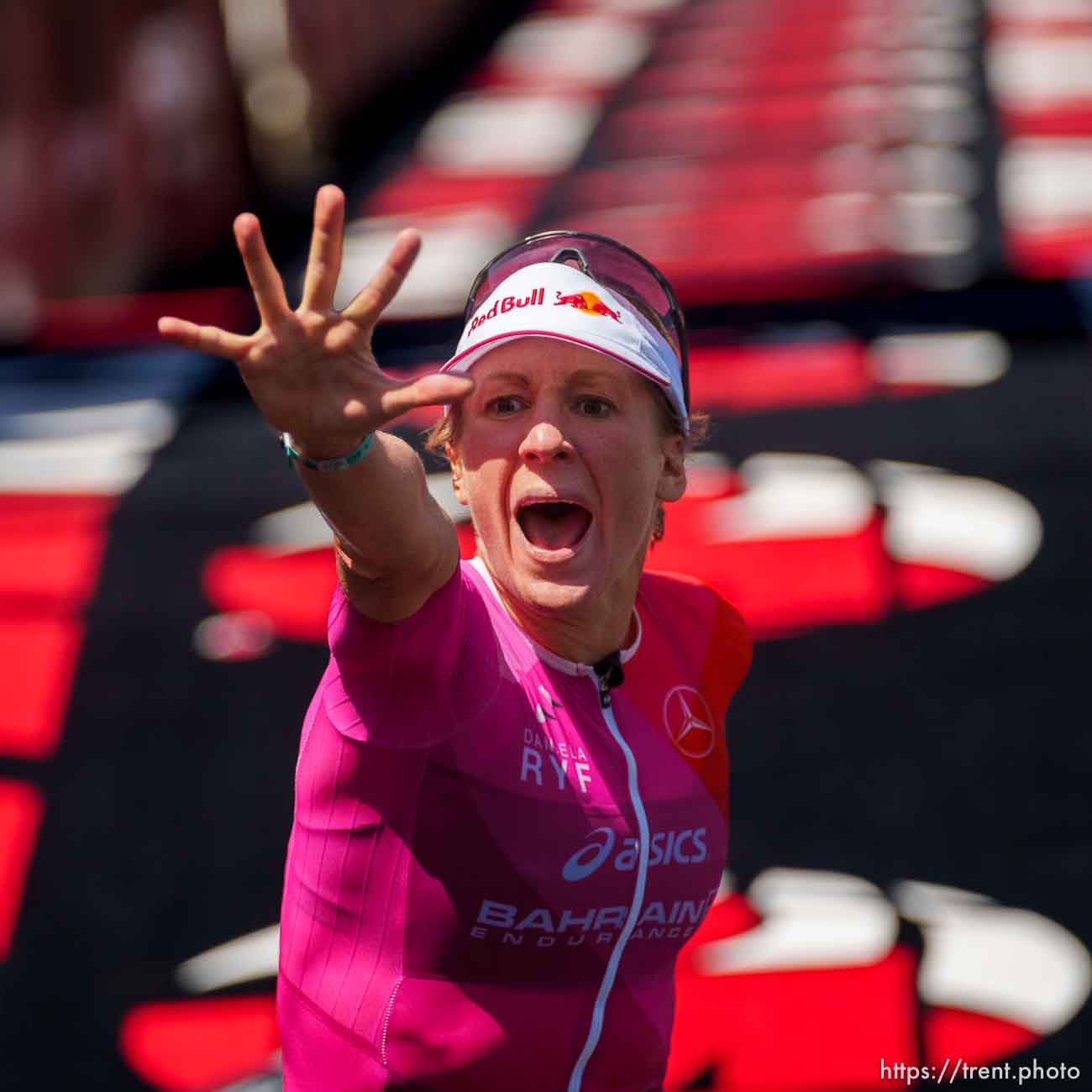 (Trent Nelson  |  The Salt Lake Tribune) Daniela Ryf celebrates her fifth championship after winning the Ironman World Championship triathlon in St. George on Saturday, May 7, 2022.