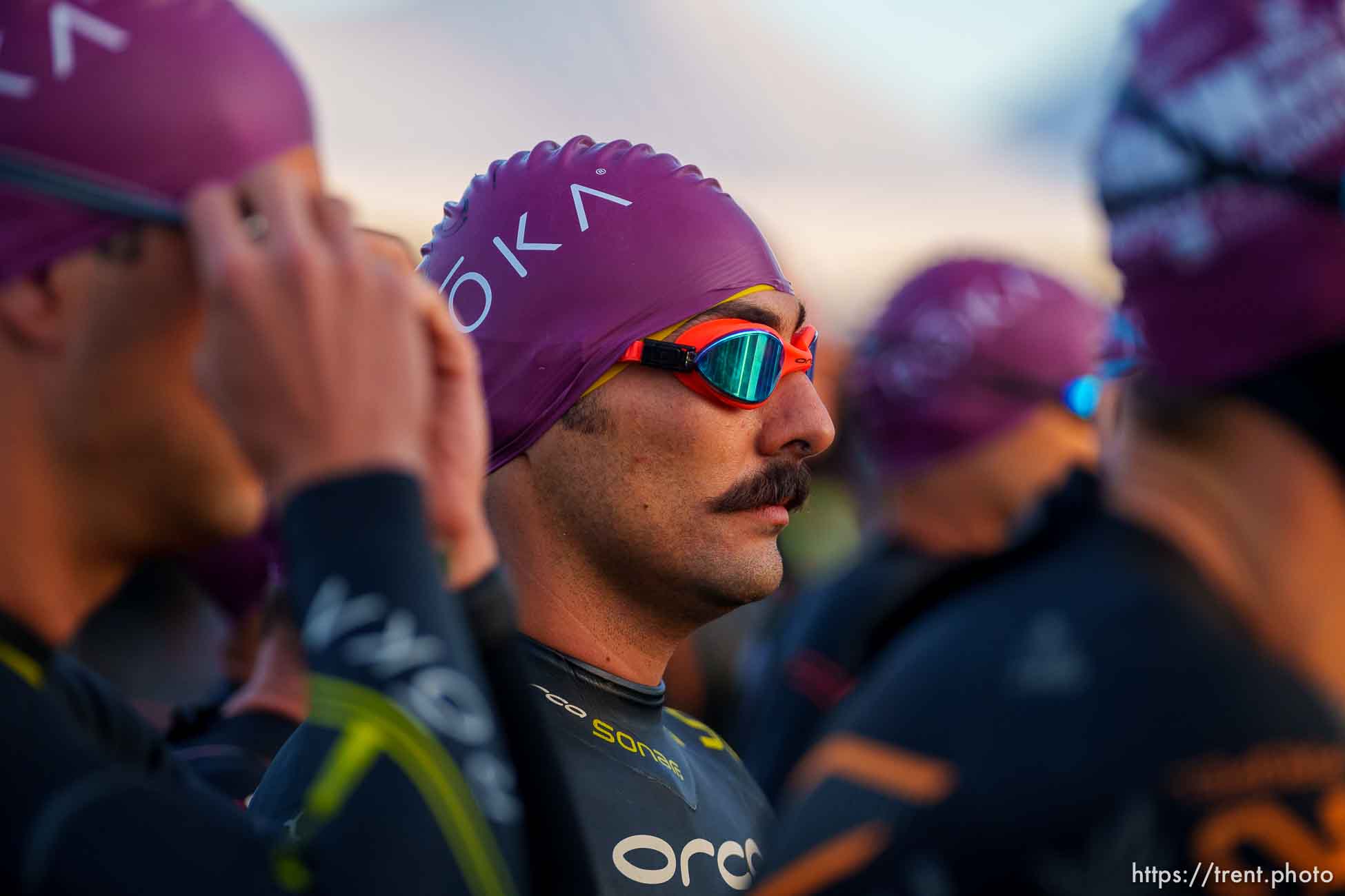 (Trent Nelson  |  The Salt Lake Tribune) Competitors prepare to swim at Sand Hollow Reservoir to start the Ironman World Championship triathlon in St. George on Saturday, May 7, 2022.