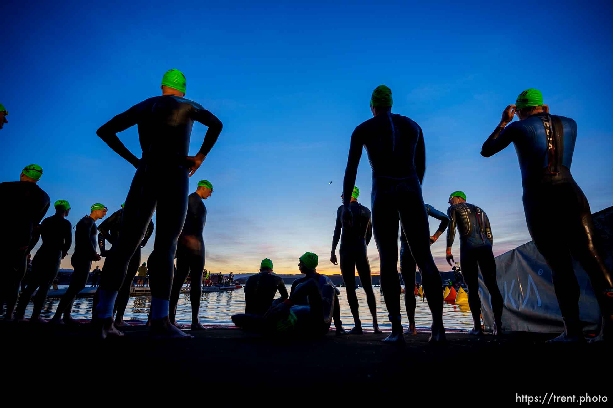 (Trent Nelson  |  The Salt Lake Tribune) Competitors in the pro men category prepare to start in the Ironman World Championship triathlon in St. George on Saturday, May 7, 2022.