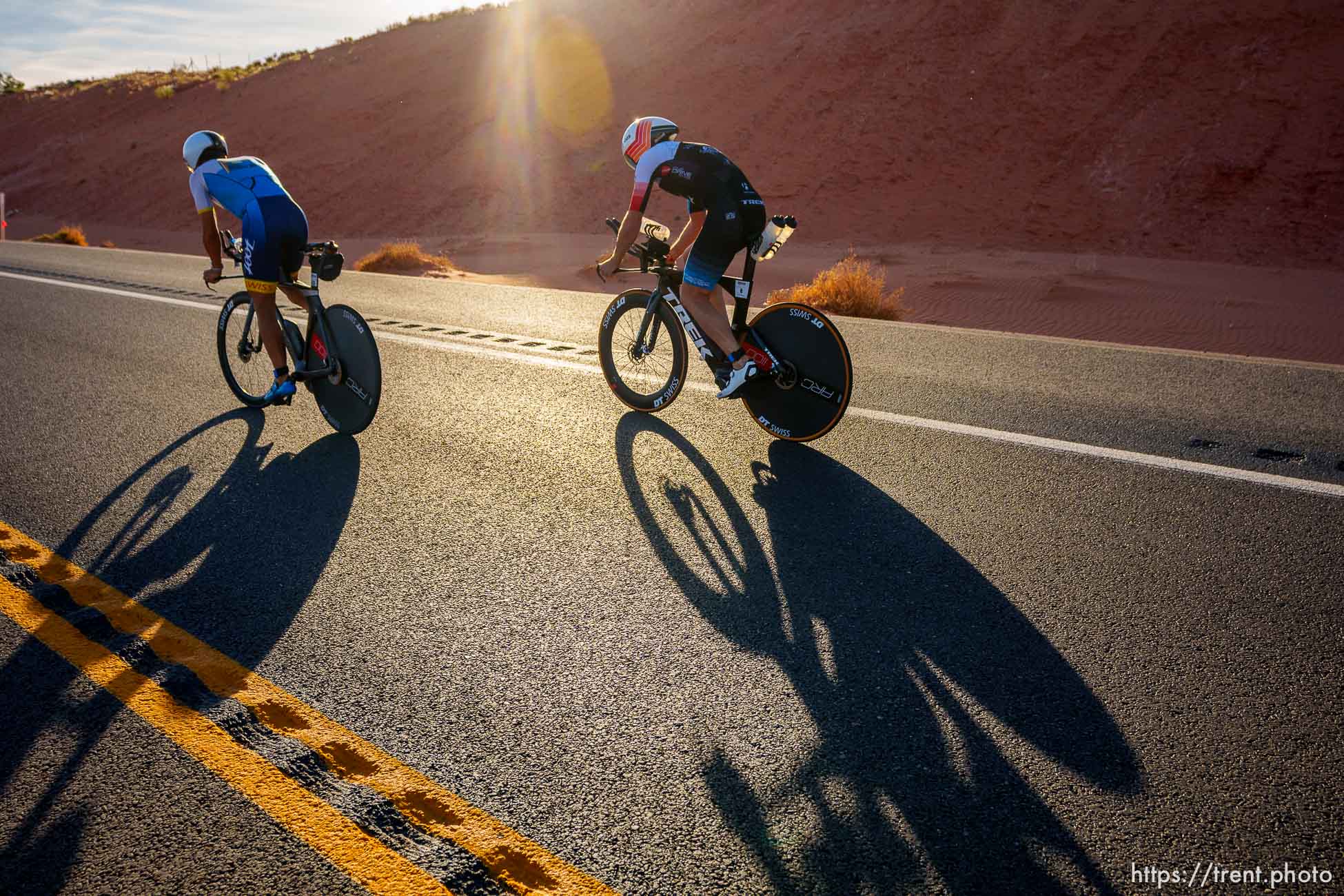 (Trent Nelson  |  The Salt Lake Tribune) Kevin Portmann and Bart Aernouts compete in the Ironman World Championship triathlon in St. George on Saturday, May 7, 2022.