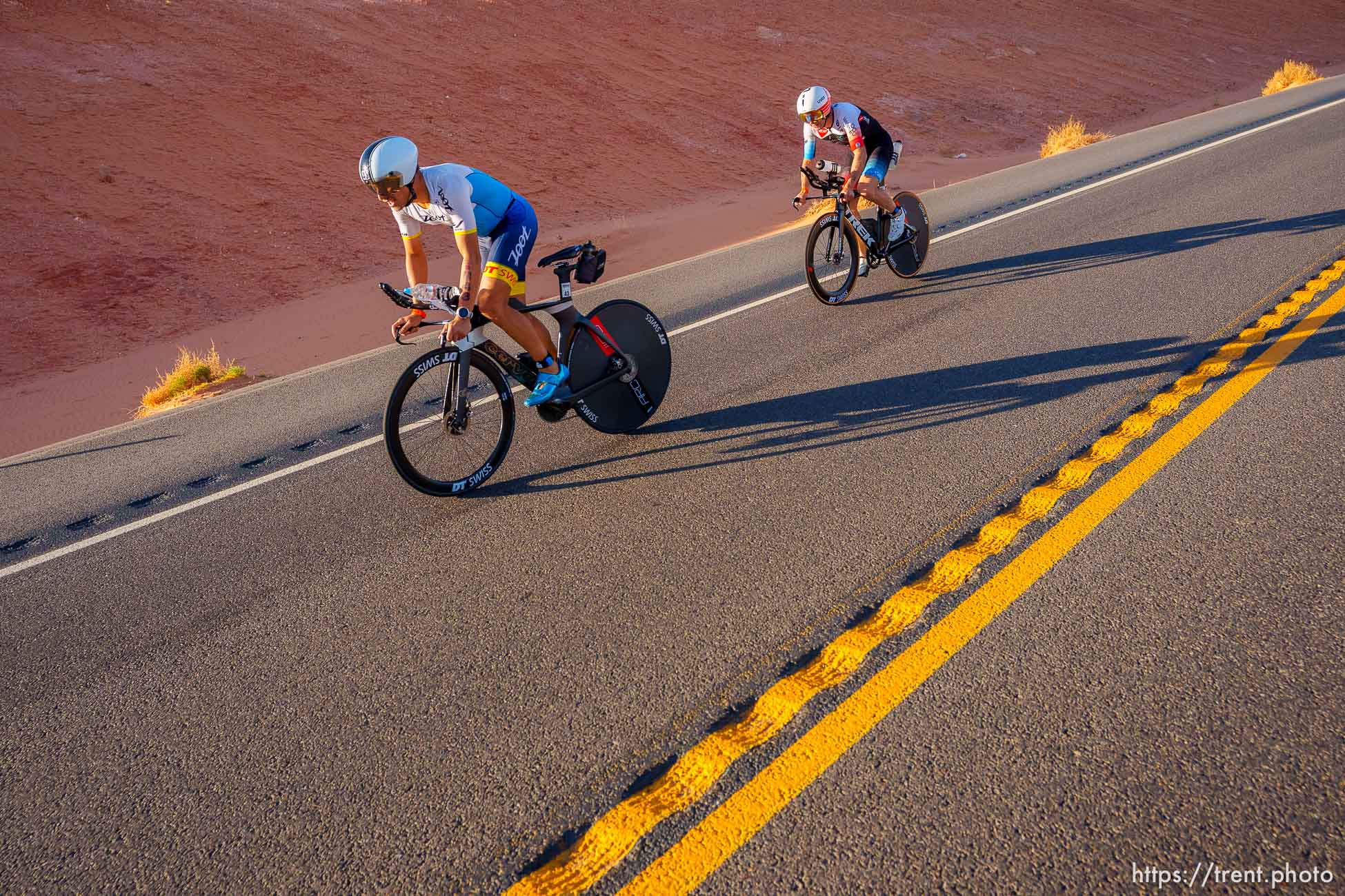 (Trent Nelson  |  The Salt Lake Tribune) Kevin Portmann and Bart Aernouts compete in the Ironman World Championship triathlon in St. George on Saturday, May 7, 2022.