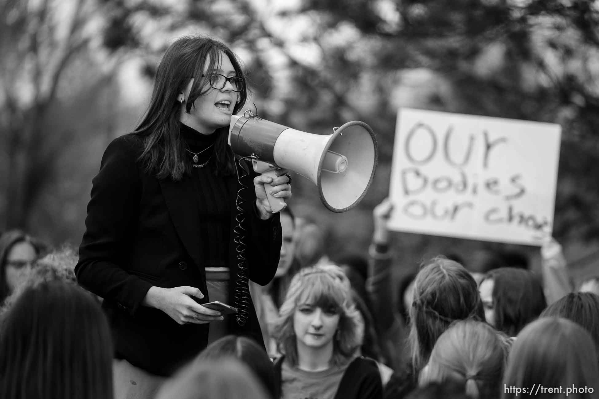 (Trent Nelson  |  The Salt Lake Tribune) Students at Highland High School walk out in support of abortion rights, in Salt Lake City on Thursday, May 12, 2022.