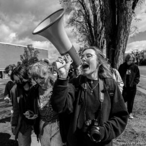 (Trent Nelson  |  The Salt Lake Tribune) Students at Highland High School walk out in support of abortion rights, in Salt Lake City on Thursday, May 12, 2022.