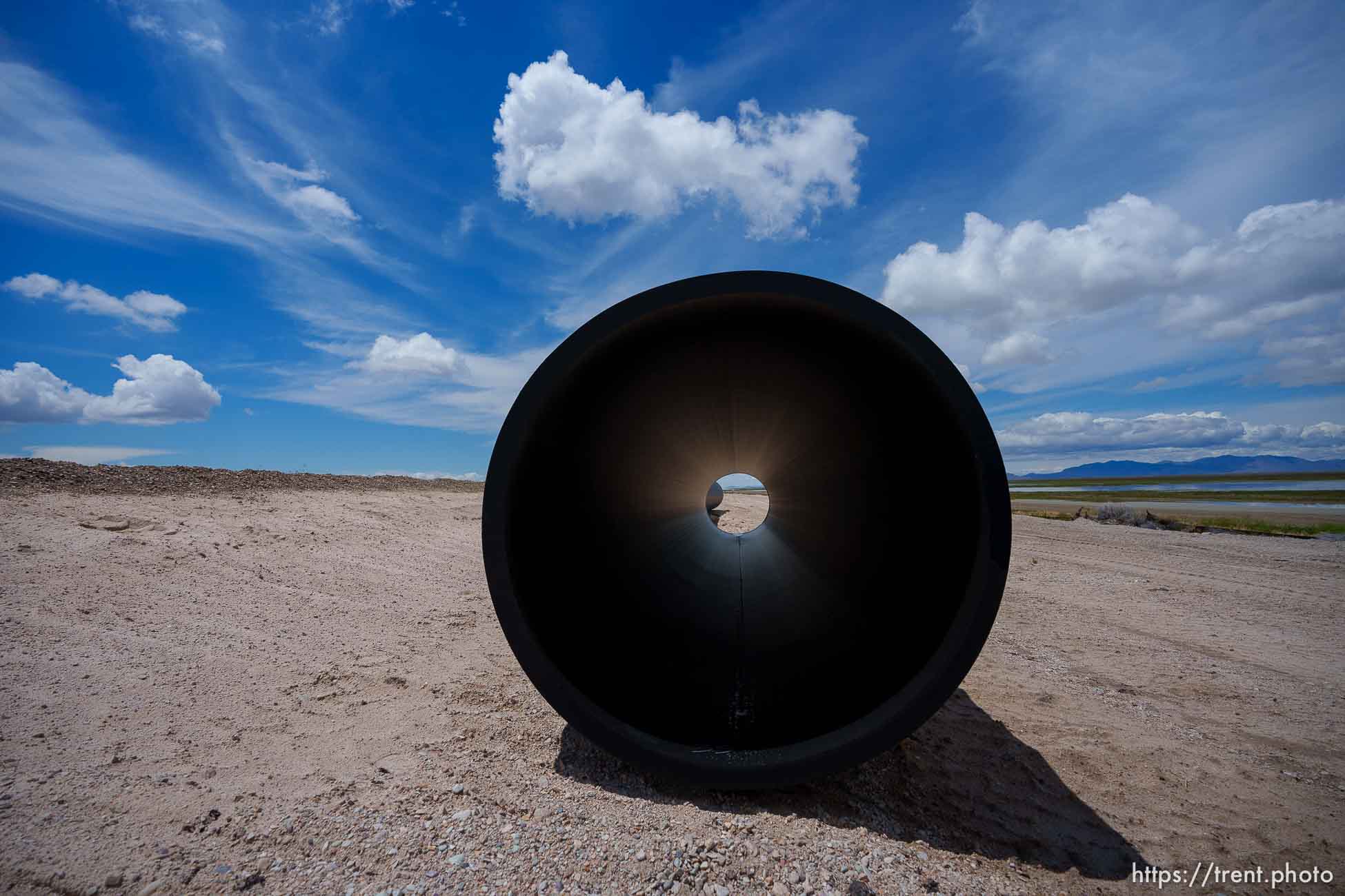 (Trent Nelson  |  The Salt Lake Tribune) Construction of North Davis Sewer District's new pipeline along the Antelope Island causeway on Tuesday, May 31, 2022. The pipeline will discharge treated water into the Great Salt Lake west of Antelope Island, instead of into Farmington Bay.