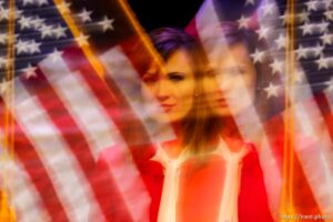 (Trent Nelson  |  The Salt Lake Tribune) Becky Edwards, Ally Isom, and Sen. Mike Lee at the Republican Senate primary debate in Draper on Wednesday, June 1, 2022.