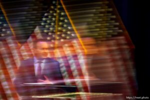 (Trent Nelson  |  The Salt Lake Tribune) Becky Edwards, Ally Isom, and Sen. Mike Lee at the Republican Senate primary debate in Draper on Wednesday, June 1, 2022.