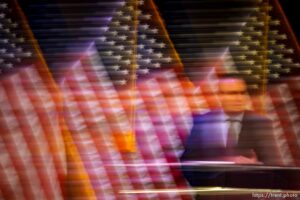 (Trent Nelson  |  The Salt Lake Tribune) Becky Edwards, Ally Isom, and Sen. Mike Lee at the Republican Senate primary debate in Draper on Wednesday, June 1, 2022.