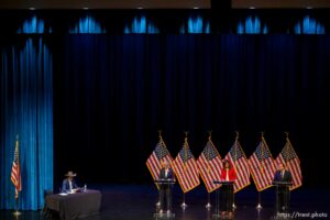 (Trent Nelson  |  The Salt Lake Tribune) Becky Edwards, Ally Isom, and Sen. Mike Lee at the Republican Senate primary debate in Draper on Wednesday, June 1, 2022.