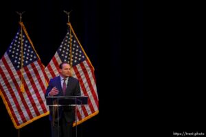 (Trent Nelson  |  The Salt Lake Tribune) Sen. Mike Lee at the Republican Senate primary debate in Draper on Wednesday, June 1, 2022.