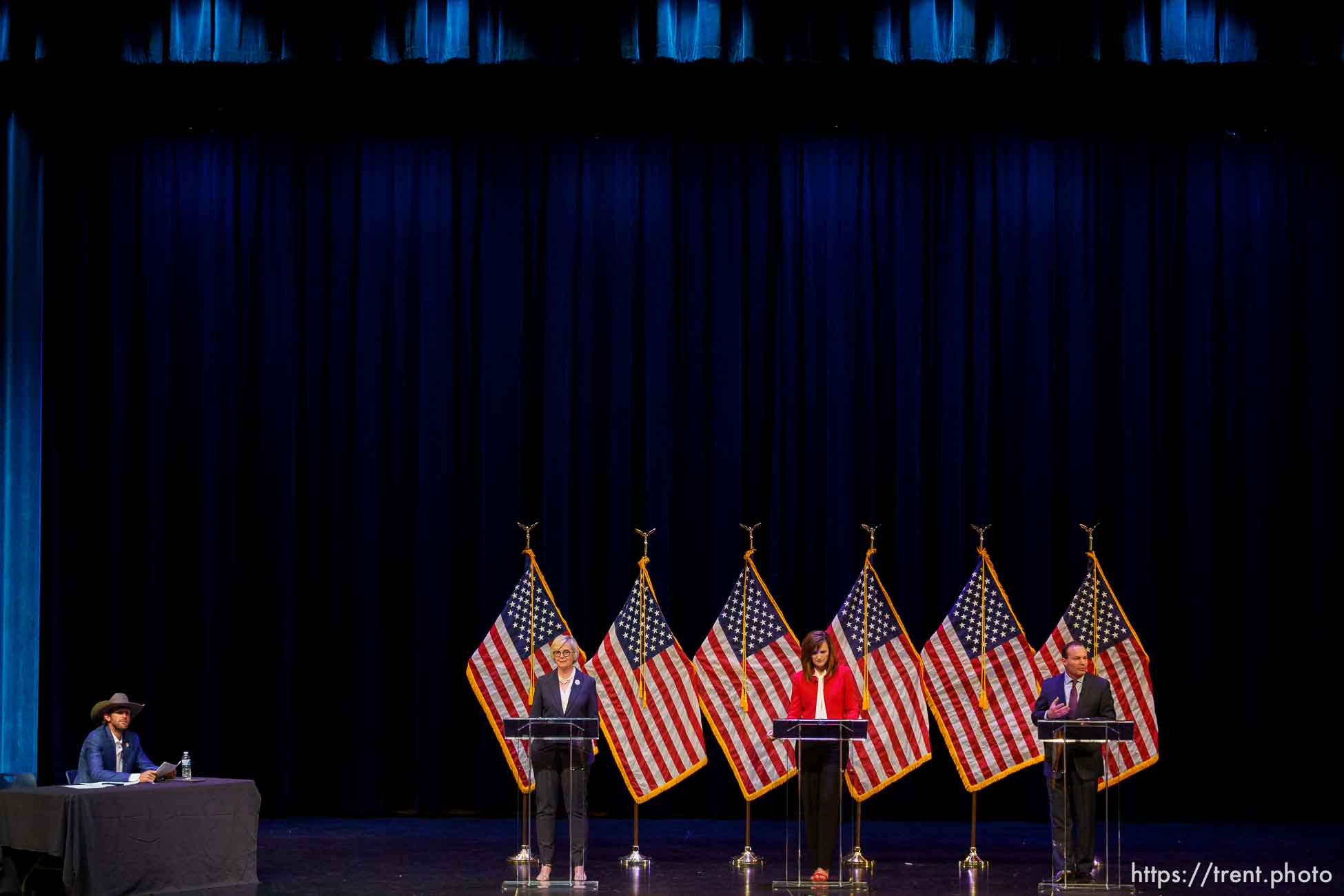 (Trent Nelson  |  The Salt Lake Tribune) Becky Edwards, Ally Isom, and Sen. Mike Lee at the Republican Senate primary debate in Draper on Wednesday, June 1, 2022.