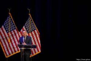 (Trent Nelson  |  The Salt Lake Tribune) Sen. Mike Lee at the Republican Senate primary debate in Draper on Wednesday, June 1, 2022.