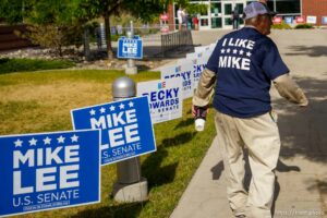 (Trent Nelson  |  The Salt Lake Tribune) Becky Edwards, Ally Isom, and Sen. Mike Lee at the Republican Senate primary debate in Draper on Wednesday, June 1, 2022. George Zinn