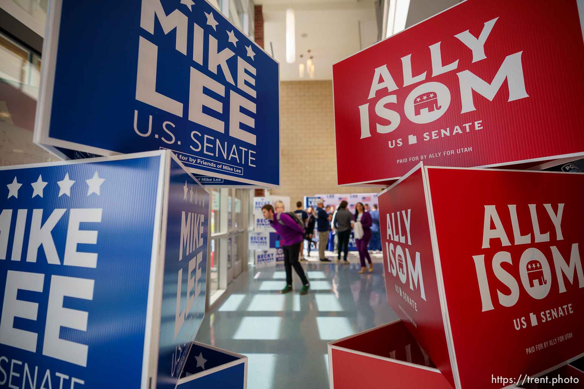 (Trent Nelson  |  The Salt Lake Tribune) Becky Edwards, Ally Isom, and Sen. Mike Lee at the Republican Senate primary debate in Draper on Wednesday, June 1, 2022.