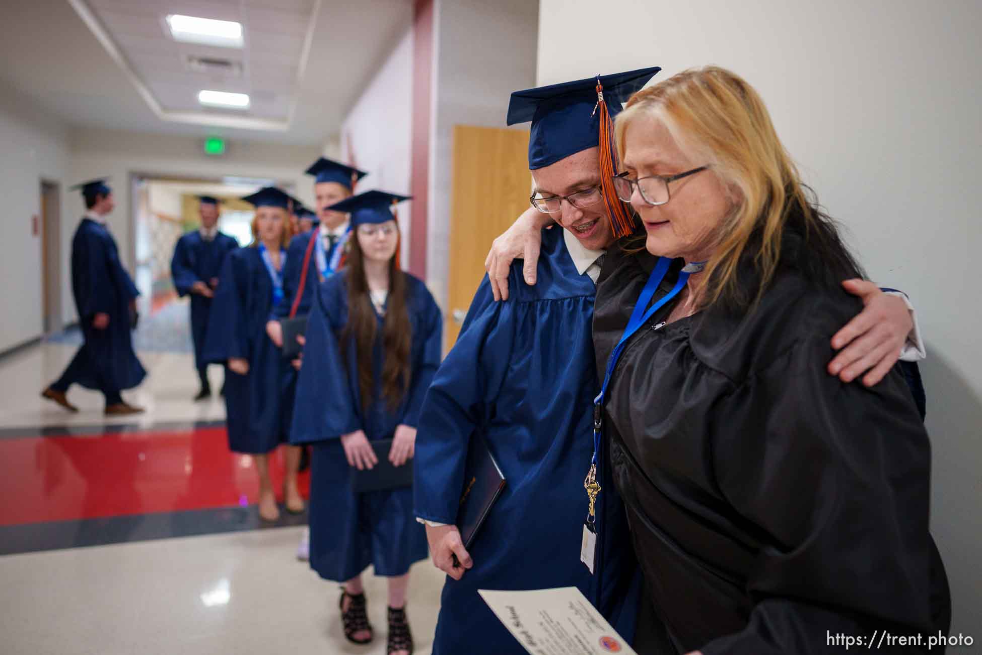 (Trent Nelson  |  The Salt Lake Tribune) Ryan Fleck and counselor Chandra Walker after commencement exercises at Kings Peak High School in Bluffdale on Thursday, June 2, 2022.