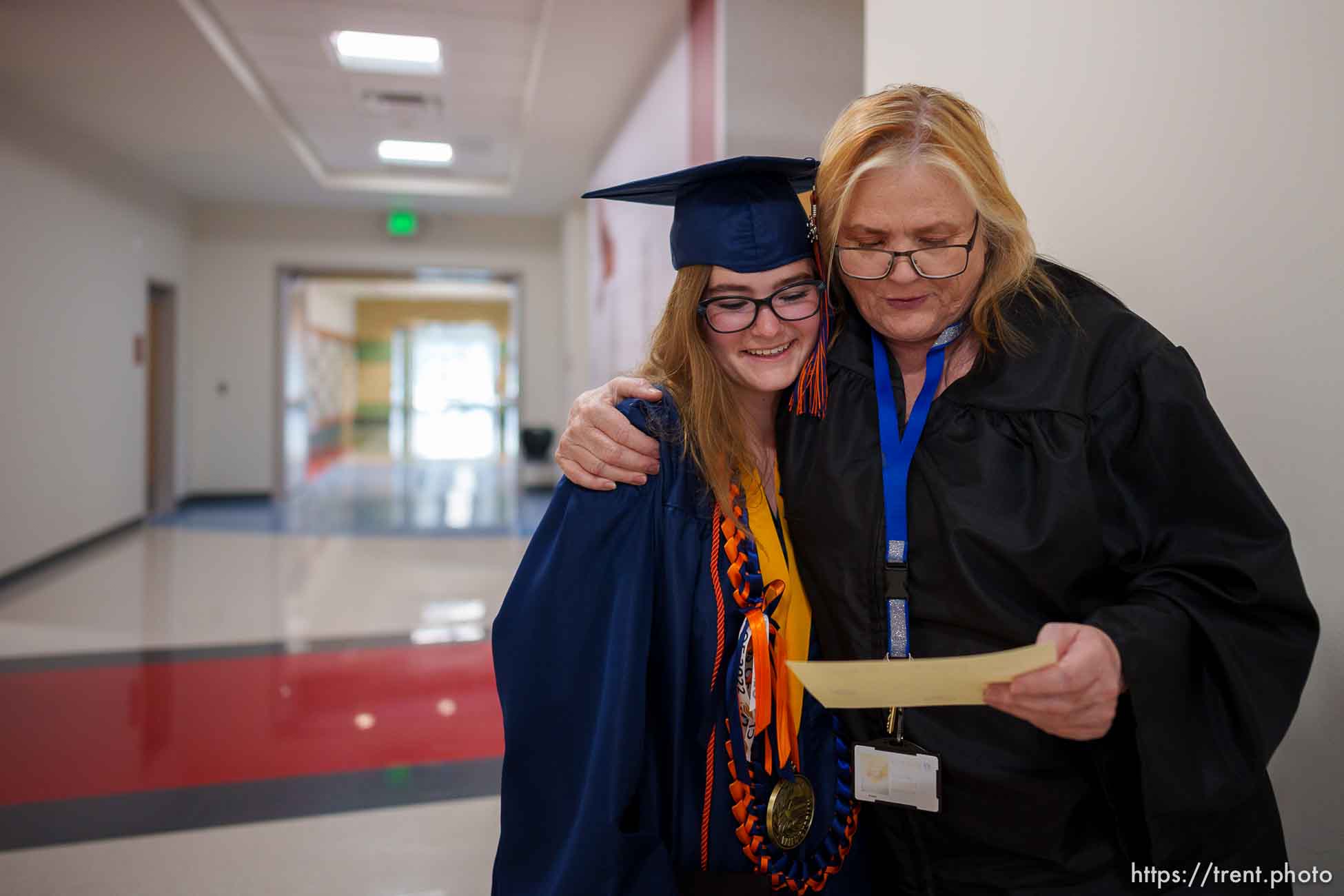 (Trent Nelson  |  The Salt Lake Tribune) Echo Hayes and counselor Chandra Walker after commencement exercises at Kings Peak High School in Bluffdale on Thursday, June 2, 2022.