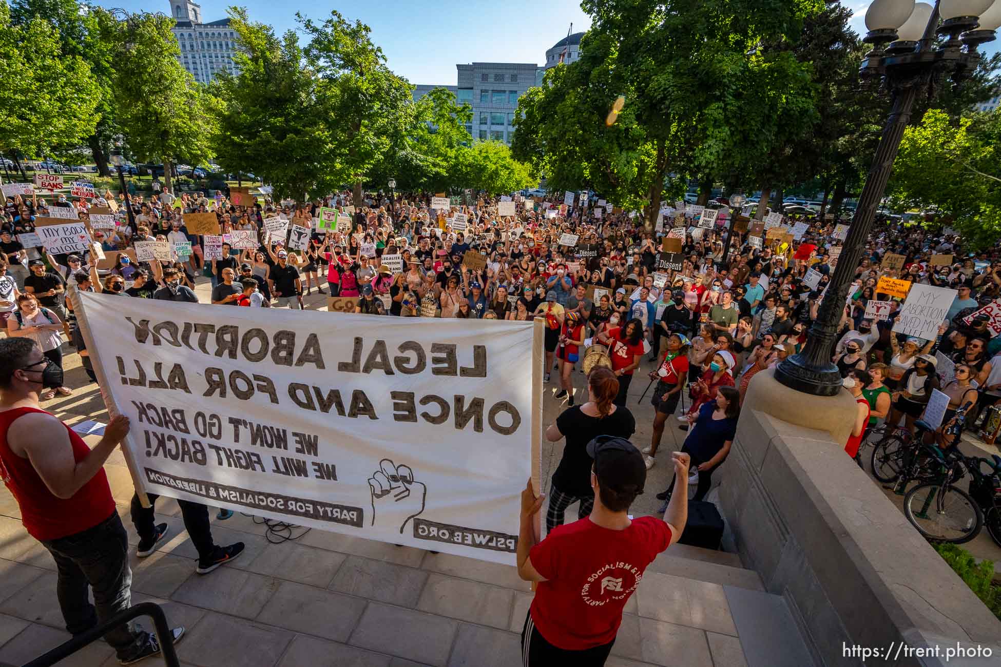 (Trent Nelson  |  The Salt Lake Tribune) People gather to protest in Salt Lake City after the U.S. Supreme Court overruled Roe v. Wade, on Friday, June 24, 2022.