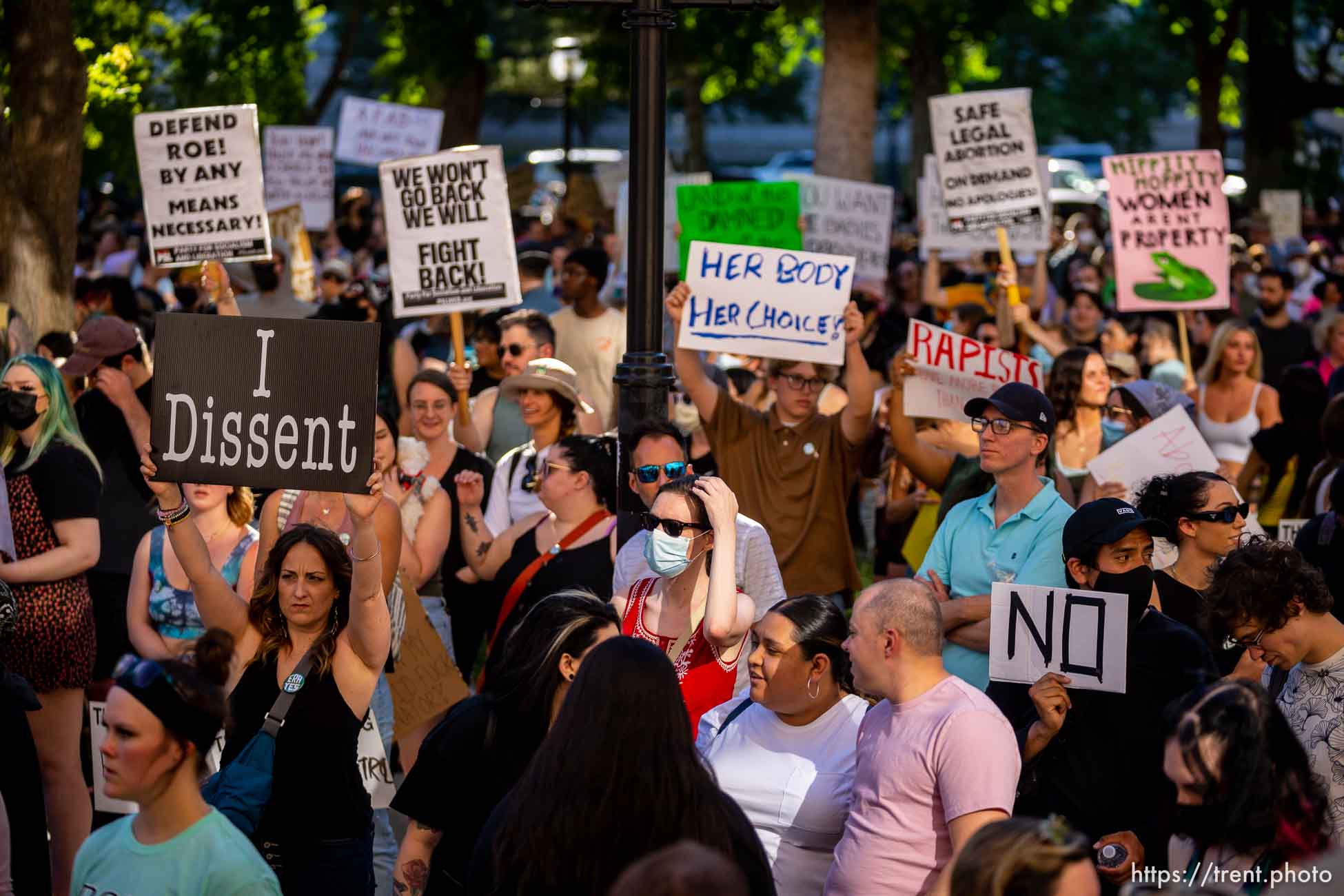 (Trent Nelson  |  The Salt Lake Tribune) People gather at Washington Square in Salt Lake City to protest after the U.S. Supreme Court overruled Roe v. Wade, on Friday, June 24, 2022.