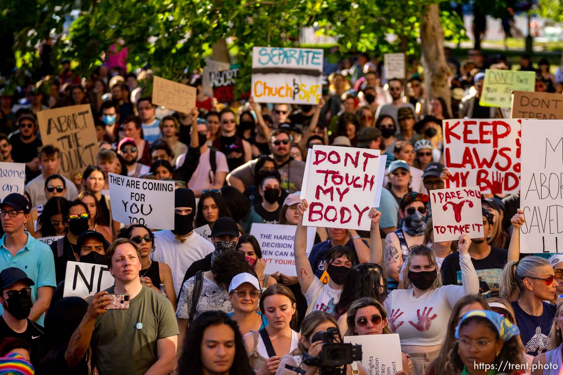 (Trent Nelson  |  The Salt Lake Tribune) People gathered to protest in Salt Lake City after the U.S. Supreme Court overruled Roe v. Wade, on Friday, June 24, 2022.