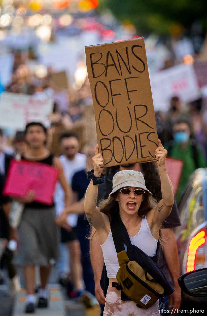 (Trent Nelson  |  The Salt Lake Tribune) People march up State Street at a protest in Salt Lake City after the U.S. Supreme Court overruled Roe v. Wade, on Friday, June 24, 2022.