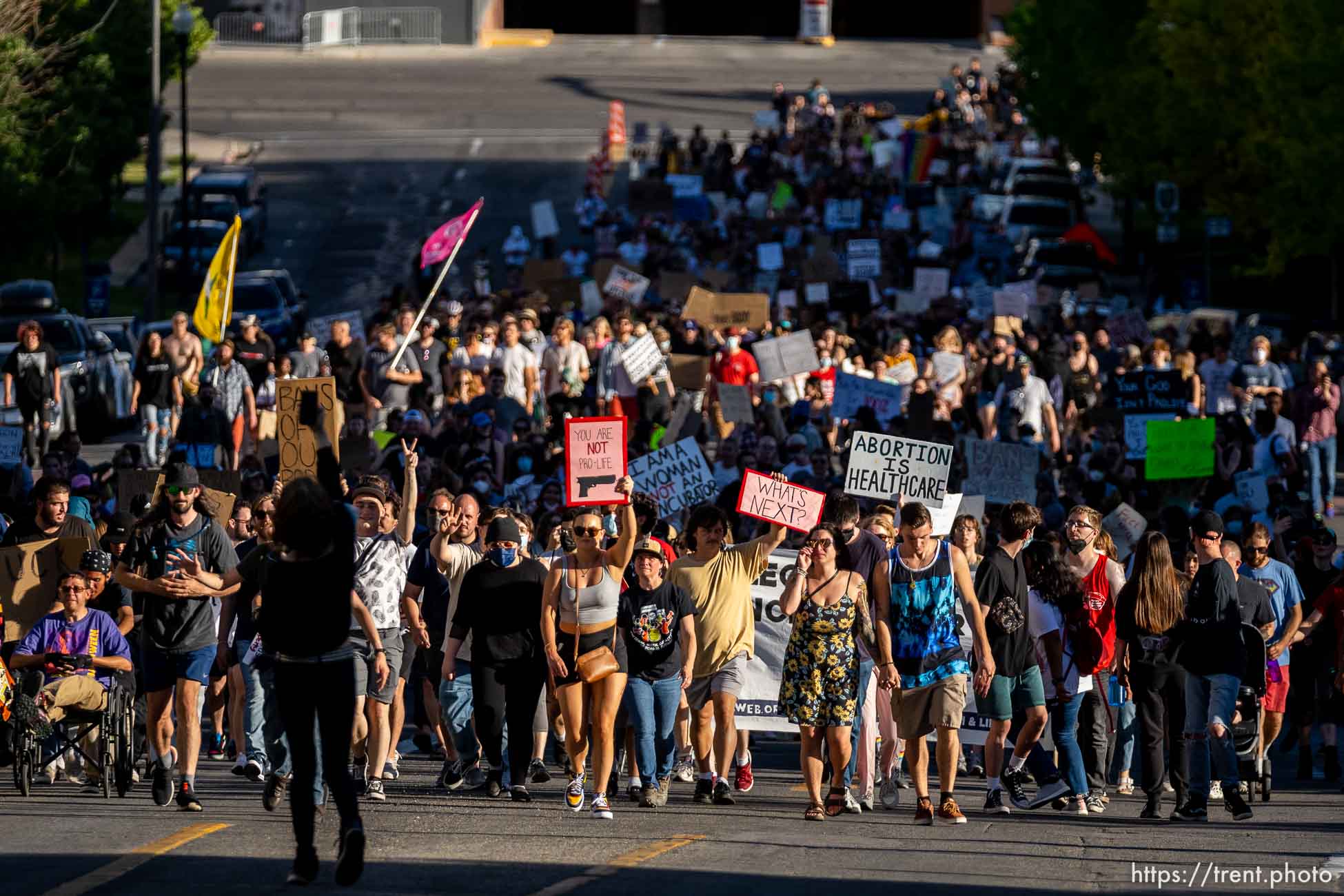 (Trent Nelson  |  The Salt Lake Tribune) People march up West Temple during a protest in Salt Lake City after the U.S. Supreme Court overruled Roe v. Wade, on Friday, June 24, 2022.