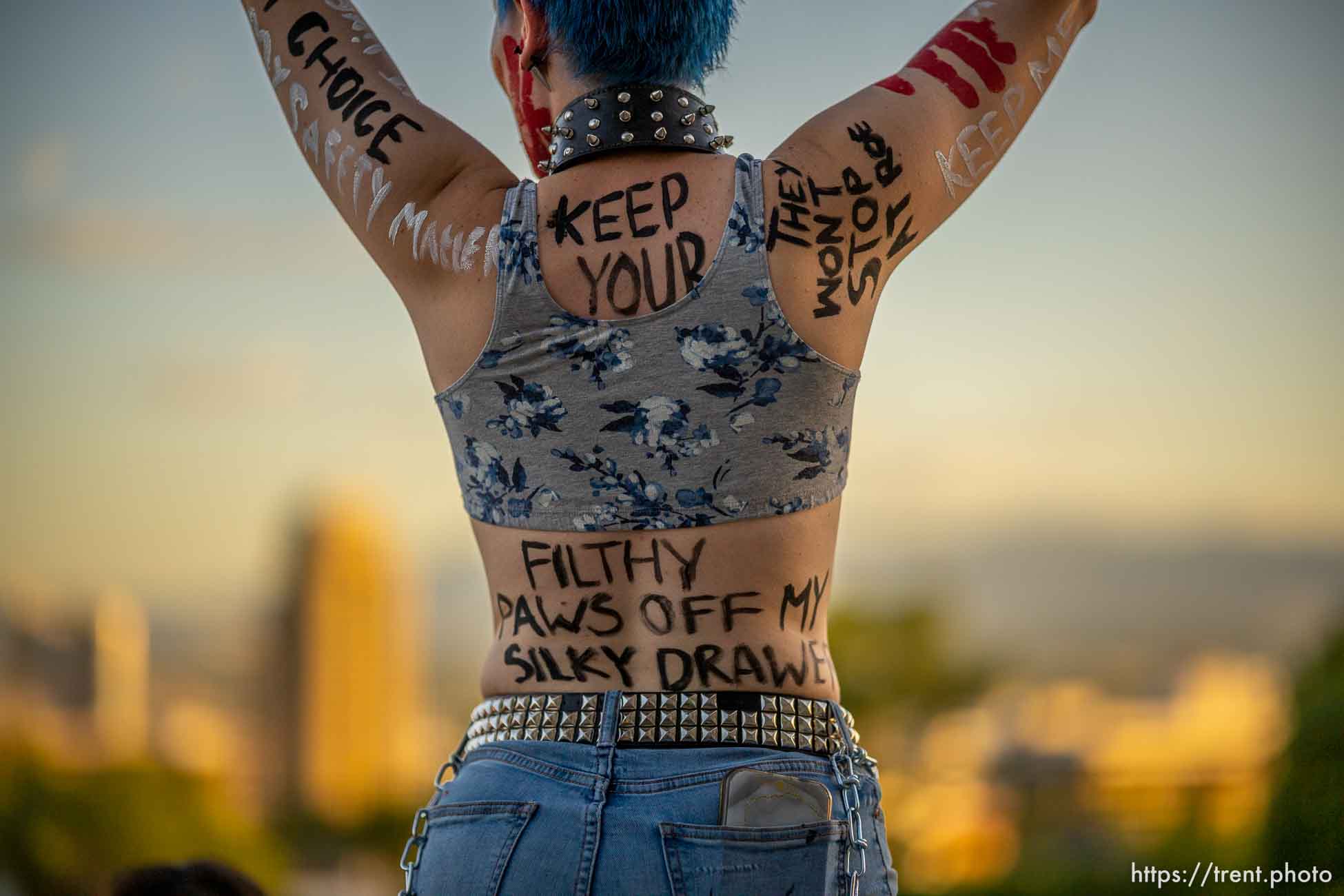 (Trent Nelson  |  The Salt Lake Tribune) People gather at the State Capitol in Salt Lake City to protest after the U.S. Supreme Court overruled Roe v. Wade, on Friday, June 24, 2022.