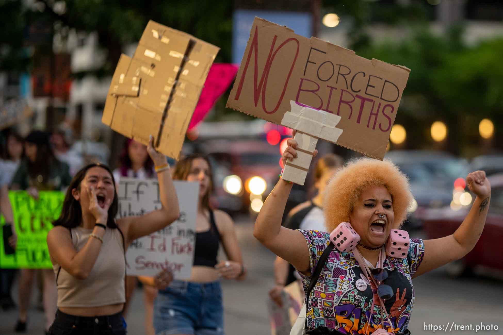 (Trent Nelson  |  The Salt Lake Tribune) People march in Salt Lake City to protest after the U.S. Supreme Court overruled Roe v. Wade, on Friday, June 24, 2022.