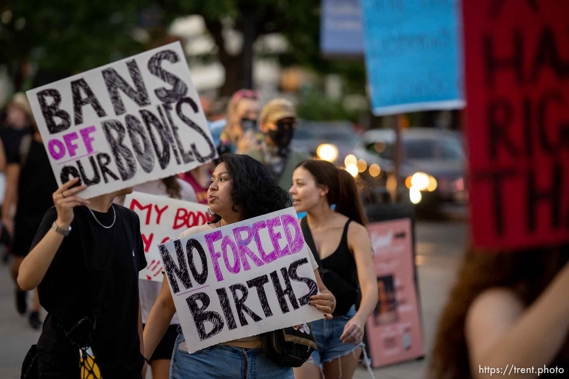 (Trent Nelson  |  The Salt Lake Tribune) People march in Salt Lake City to protest after the U.S. Supreme Court overruled Roe v. Wade, on Friday, June 24, 2022.