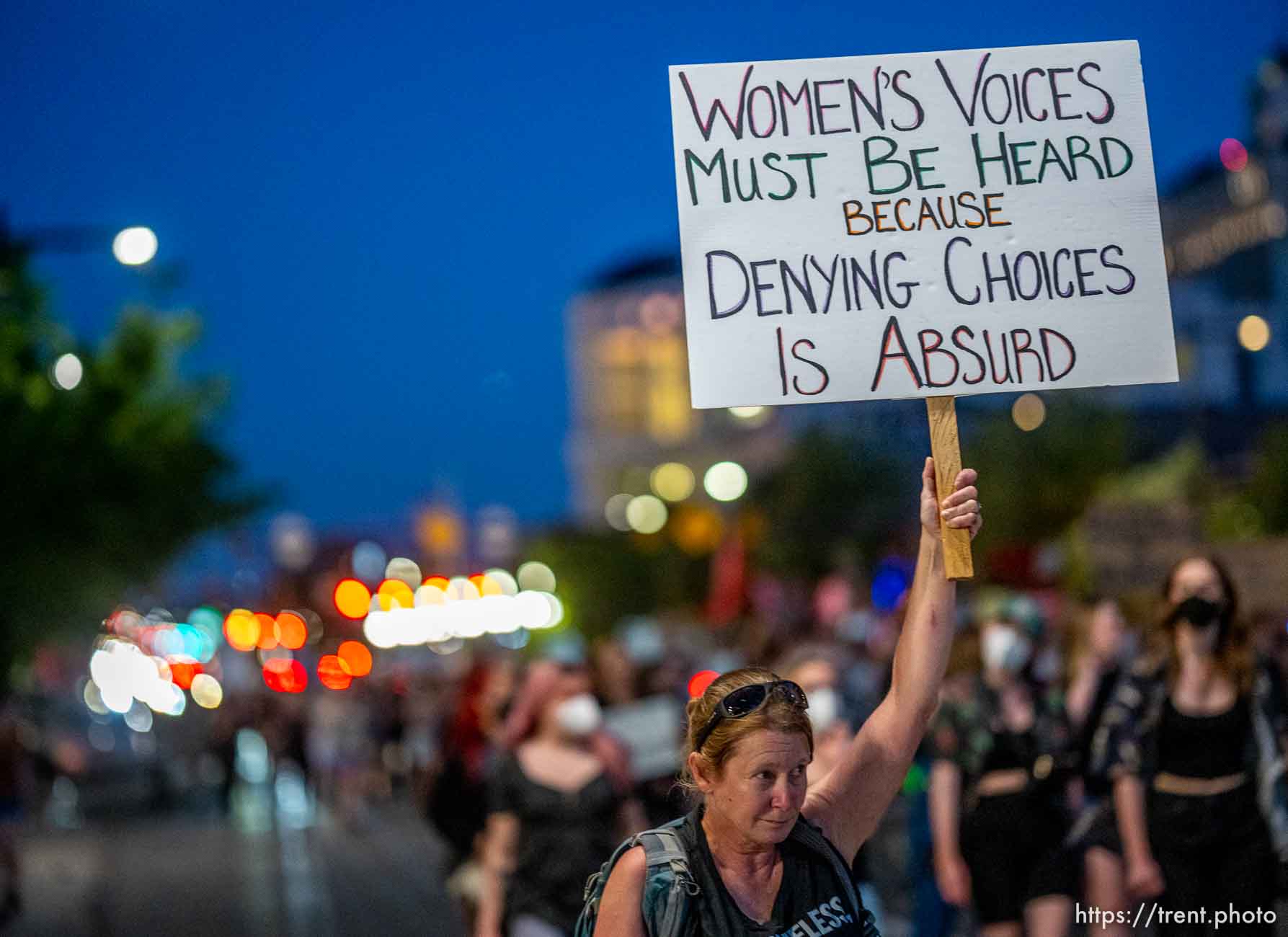 (Trent Nelson  |  The Salt Lake Tribune) People march in Salt Lake City to protest after the U.S. Supreme Court overruled Roe v. Wade, on Friday, June 24, 2022.