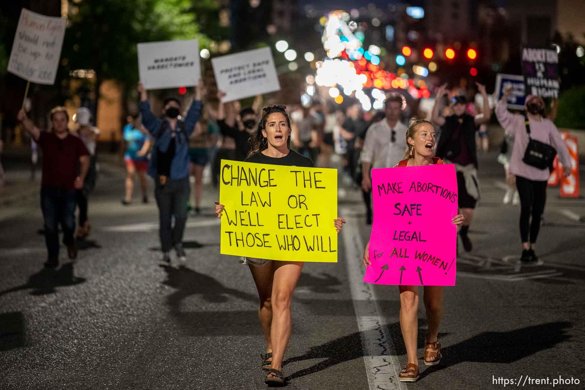 (Trent Nelson  |  The Salt Lake Tribune) People march in Salt Lake City to protest after the U.S. Supreme Court overruled Roe v. Wade, on Friday, June 24, 2022.