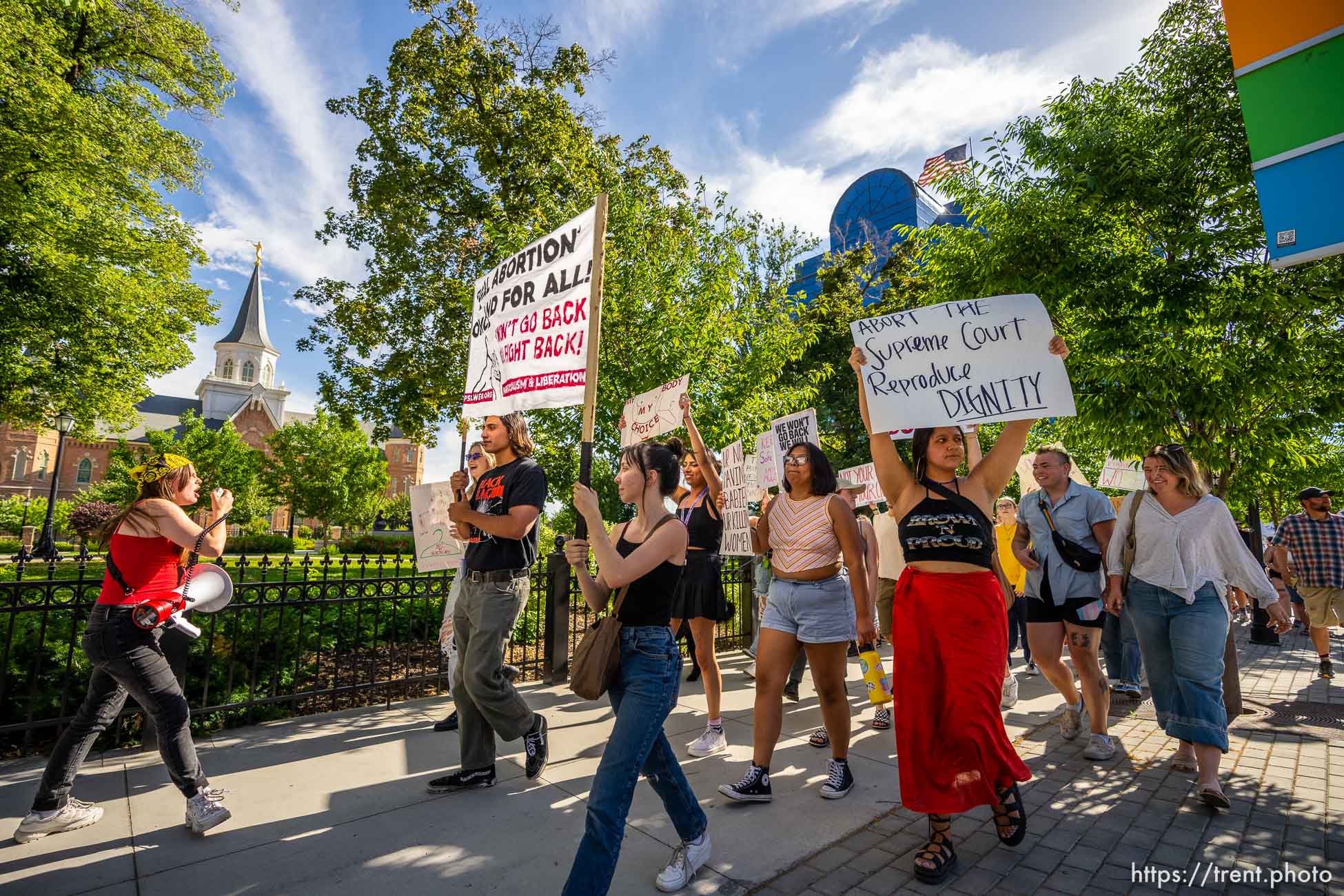 (Trent Nelson  |  The Salt Lake Tribune) People march through downtown Provo, protesting after the U.S. Supreme Court overruled Roe v. Wade, on Saturday, June 25, 2022.